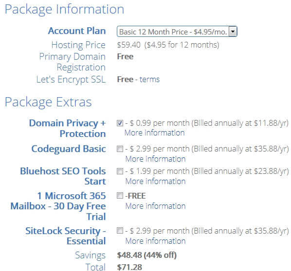 bluehost-package-check domain privacy only